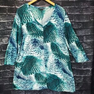 Dunia Tunic Top Womens XL Green Blue White Floral Palms Tropical Beach Soft